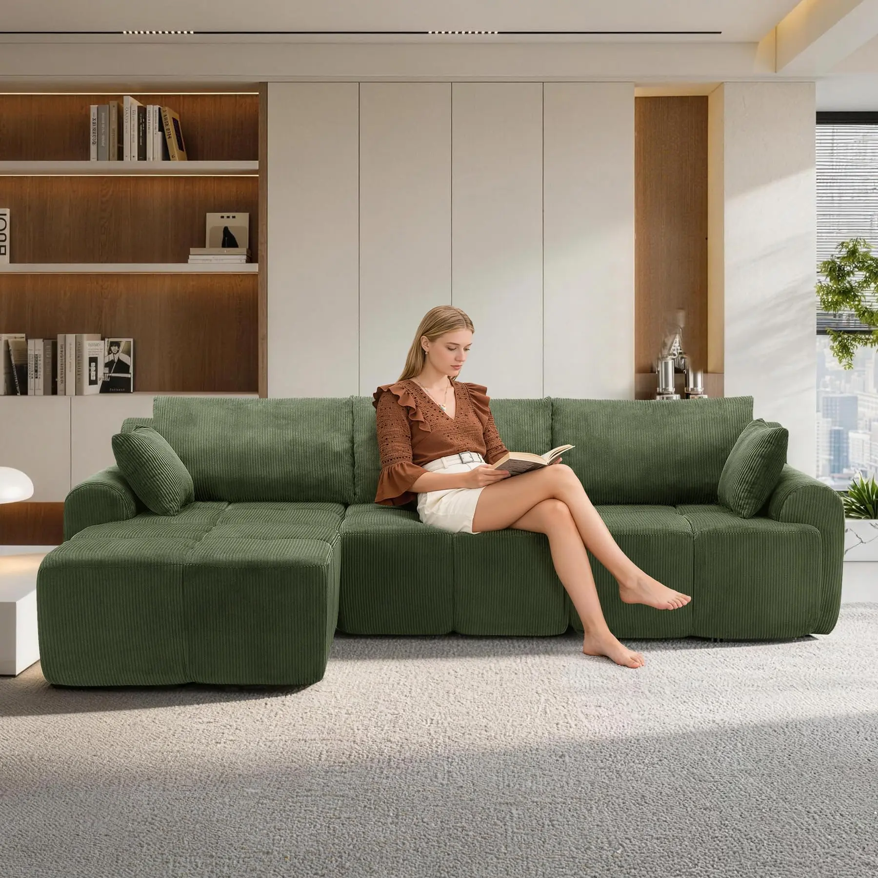 Blue/Green Modular Sofa – Corduroy, Deep Seat – Memory Foam – No Assembly – For Living Room, Bedroom – Sectional– Pet-Friendly