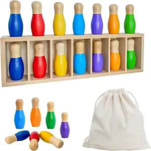Family Games for Kids, Wooden Bowling Color Matching Game with 7 Bright Pins and Storage Bag, Family Board Games Party Birthday Gift, Fun Party Game for Boys Girlsfidget toys