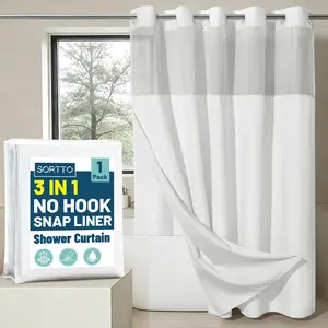 No Hook Slub Textured Shower with Snap in Liner - White Outer & Waterproof Inner Liner, Hotel Style with See Through Top Window, 71x74 in