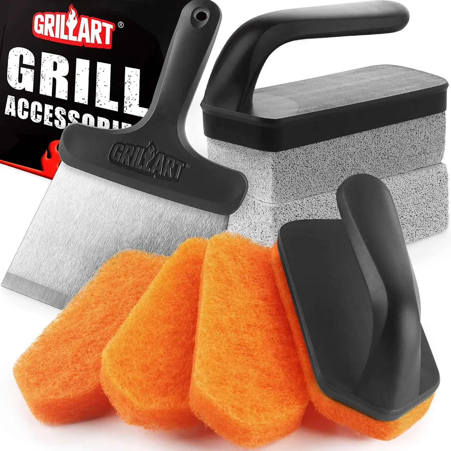 Complete Flat Top Grill Cleaning Kit for Blackstone - Grill Stone, Scraper, Scouring Pad & Handles, Multifunctional Griddle Accessories for Rusty Grills, OrangeGift