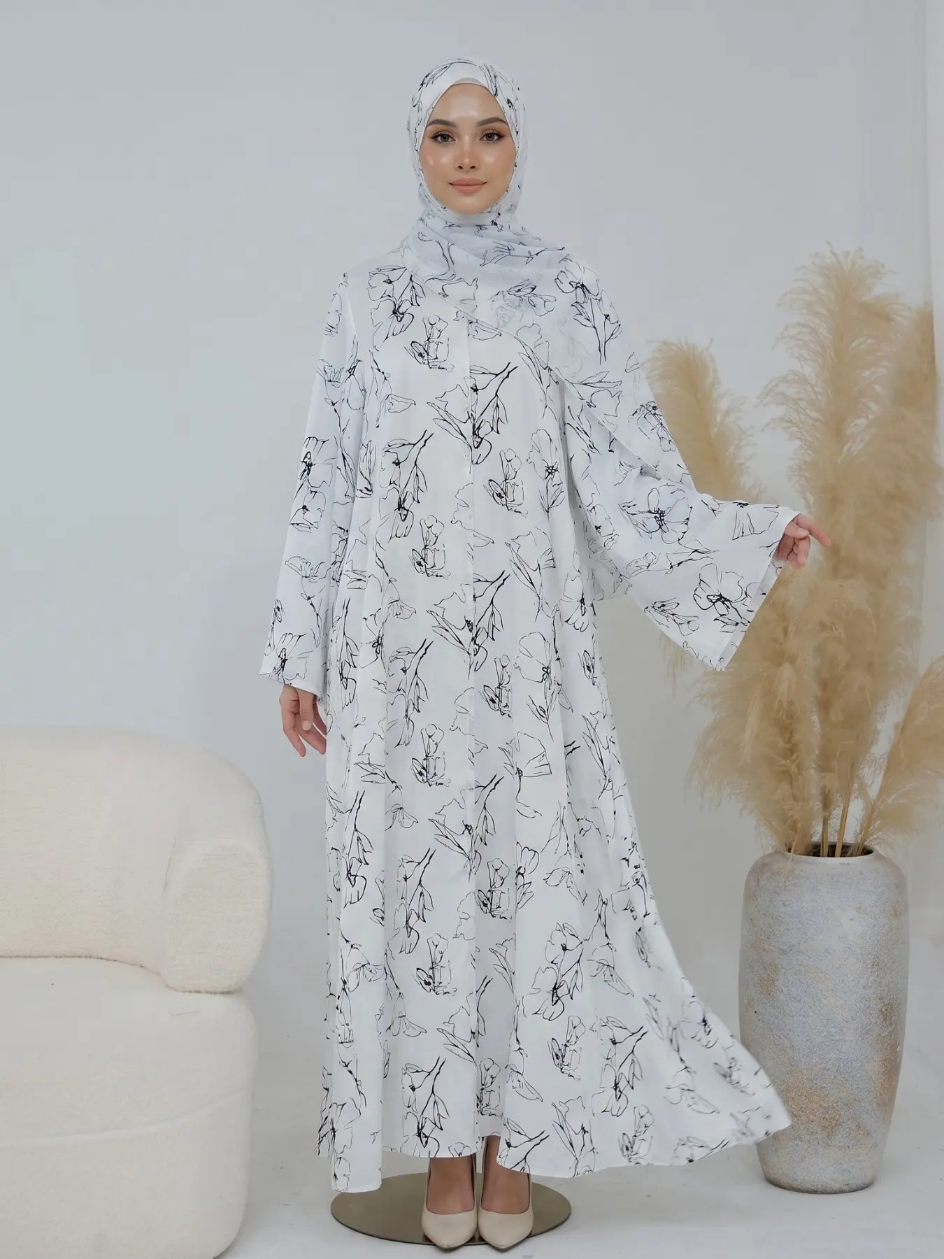 New Muslim Women's Base Ink Wash Floral Print Long Dress Set, Loose Fit Wide Sleeve Elegant Casual Dress, All Seasons