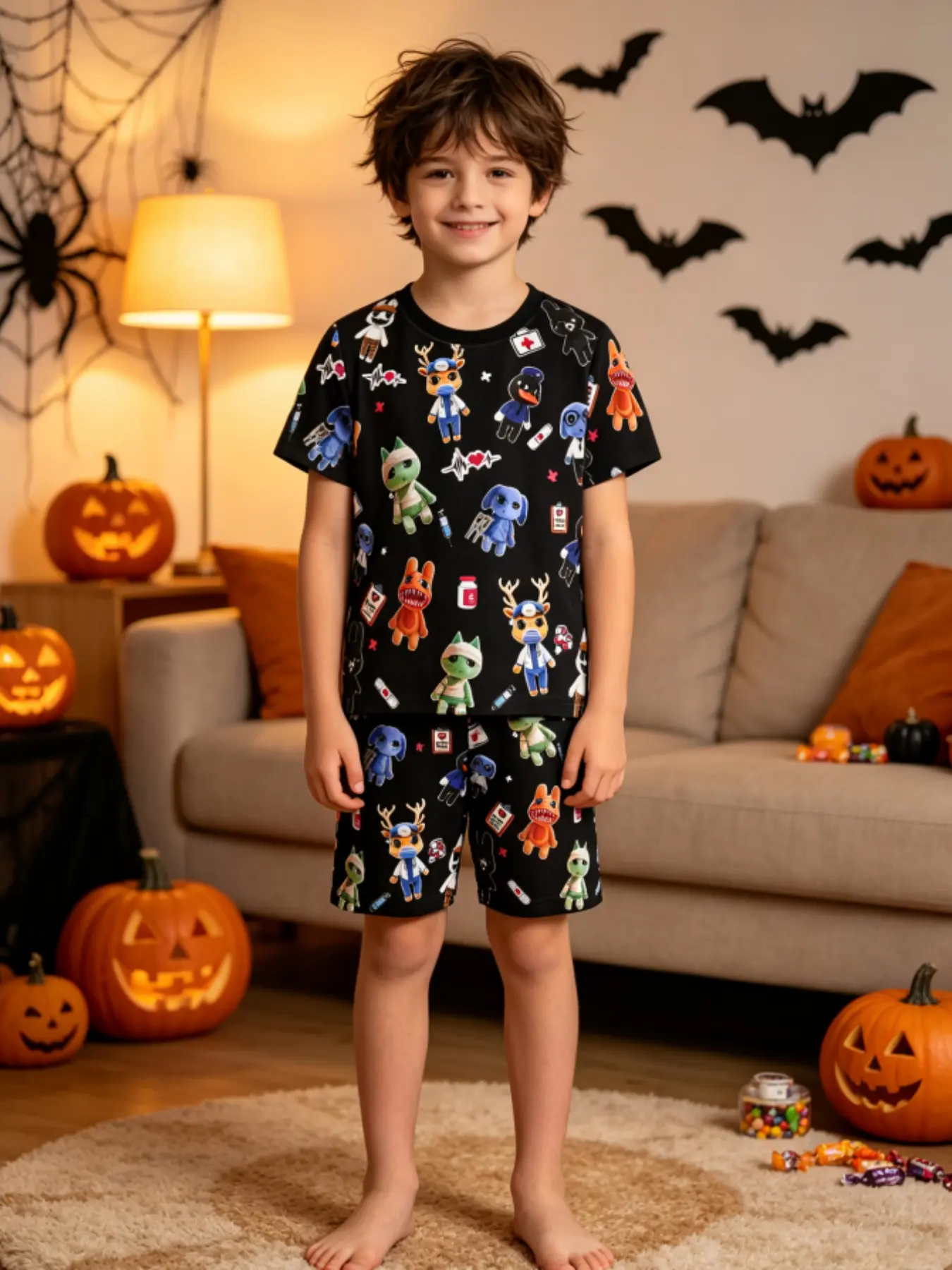 Monster Cartoon Pajama Set, Summer Short Sleeve T-Shirt & Shorts, Cute Loose-Fitting Sleepwear, Halloween Boys' Pajamas