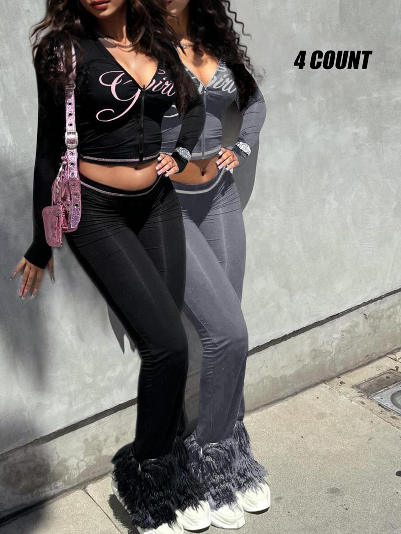 【LovelyWholesale】Two-piece Set Women's Colorblock Letter Print Zip Up Crop Jacket & High Waist Flare Leg Pants, Casual Fashion Cozy Breathable Outfits for Yoga Gym Workout, Ladies Sportswear for Fall