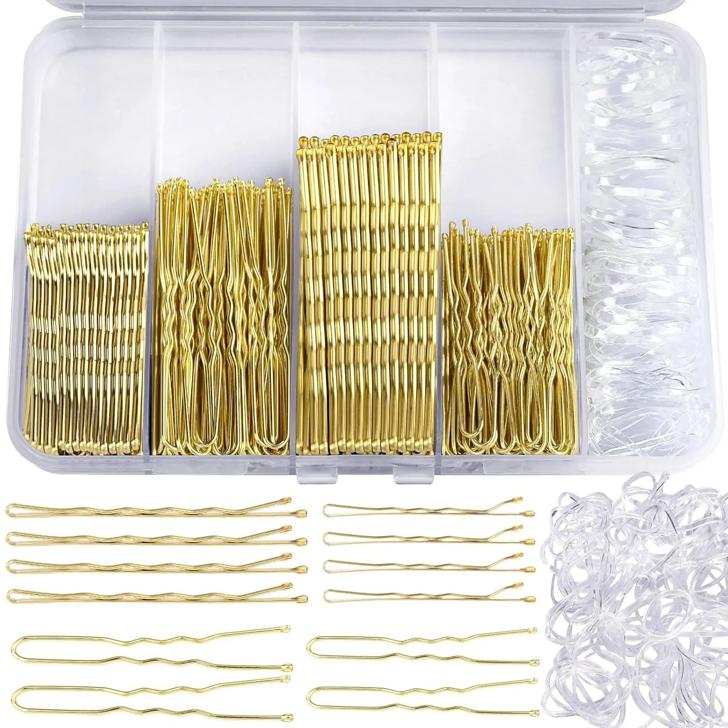 300pcs Blonde Bobby Pins Set: 100 Bobby Pins, 100 Hair Pins for Women, 100 Hair Bands, for Buns 2"/2.36"/2.75"