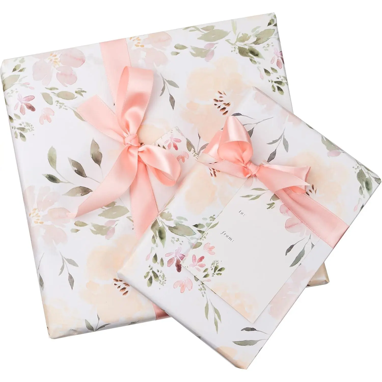 Floral Wedding Wrapping Paper sheets + Ribbon Set with Tags - White Gift Wrap, Pink Floral, Boho Bridal Shower