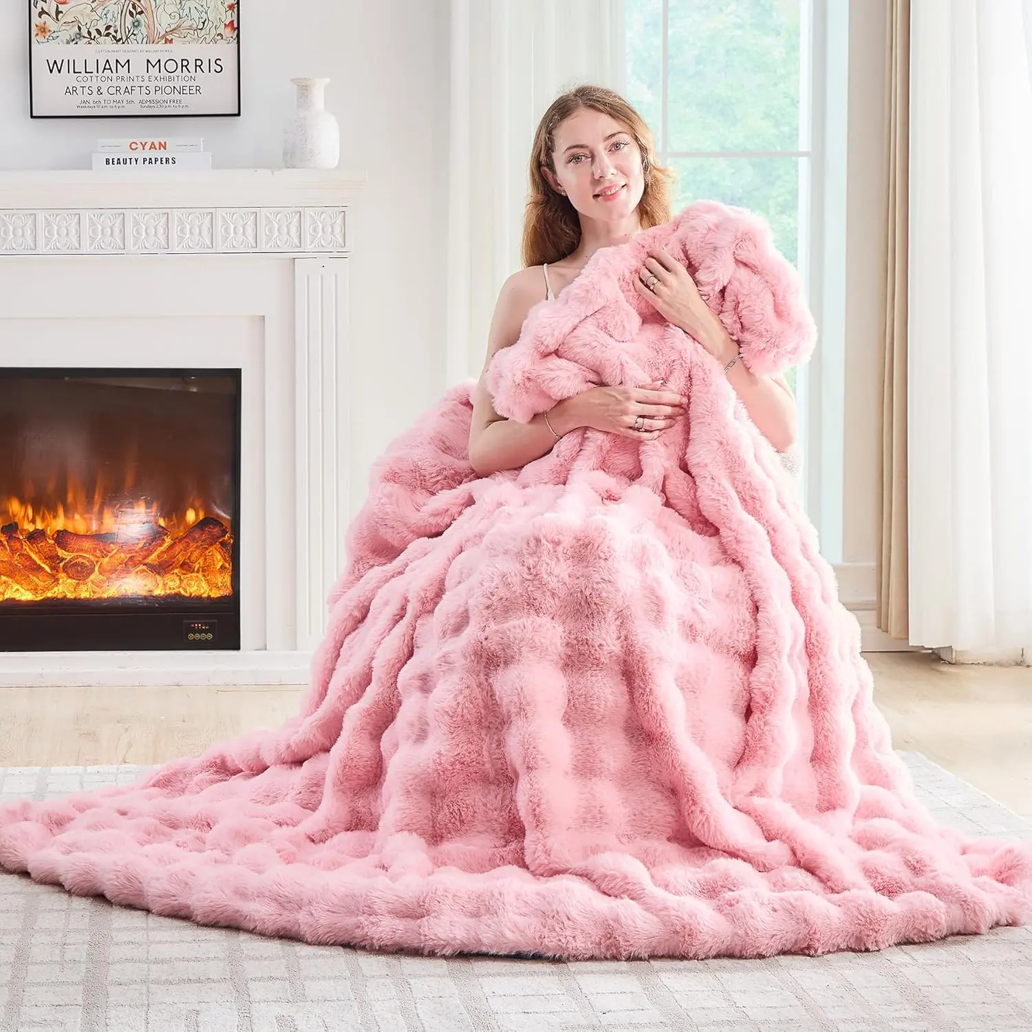 Faux Fur Throw Blanket Pink - Big Bubble Fluff Blanket for Couch, Small Fuzzy Cozy Blanket,Thick Furry Plush Shaggy,50x60 Inches