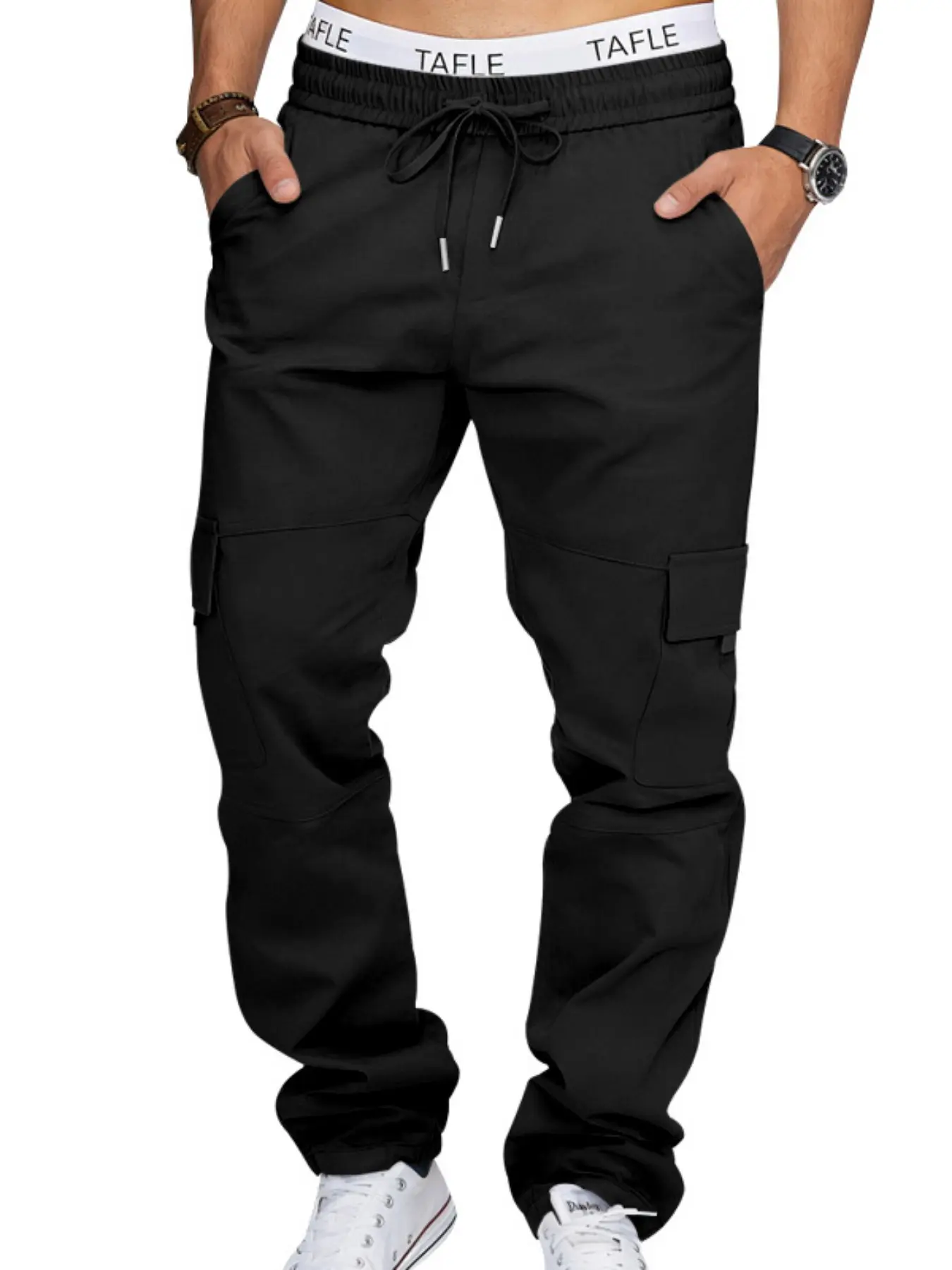 American Style Loose Fit Work Pants, Adjustable Drawstring, Multiple Pockets, Men's Hiking Casual Street Comfy Straight Leg Retro Sporty Cargo Long Pants