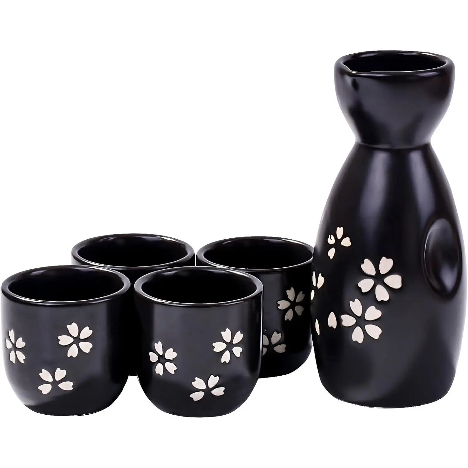 Ceramic Black Sake Set with Bottle and 4 Cups, Traditional Black Pottery with White Cherry Blossom Motif, Japanese Style Saki Set for Hot or Cold Liquor