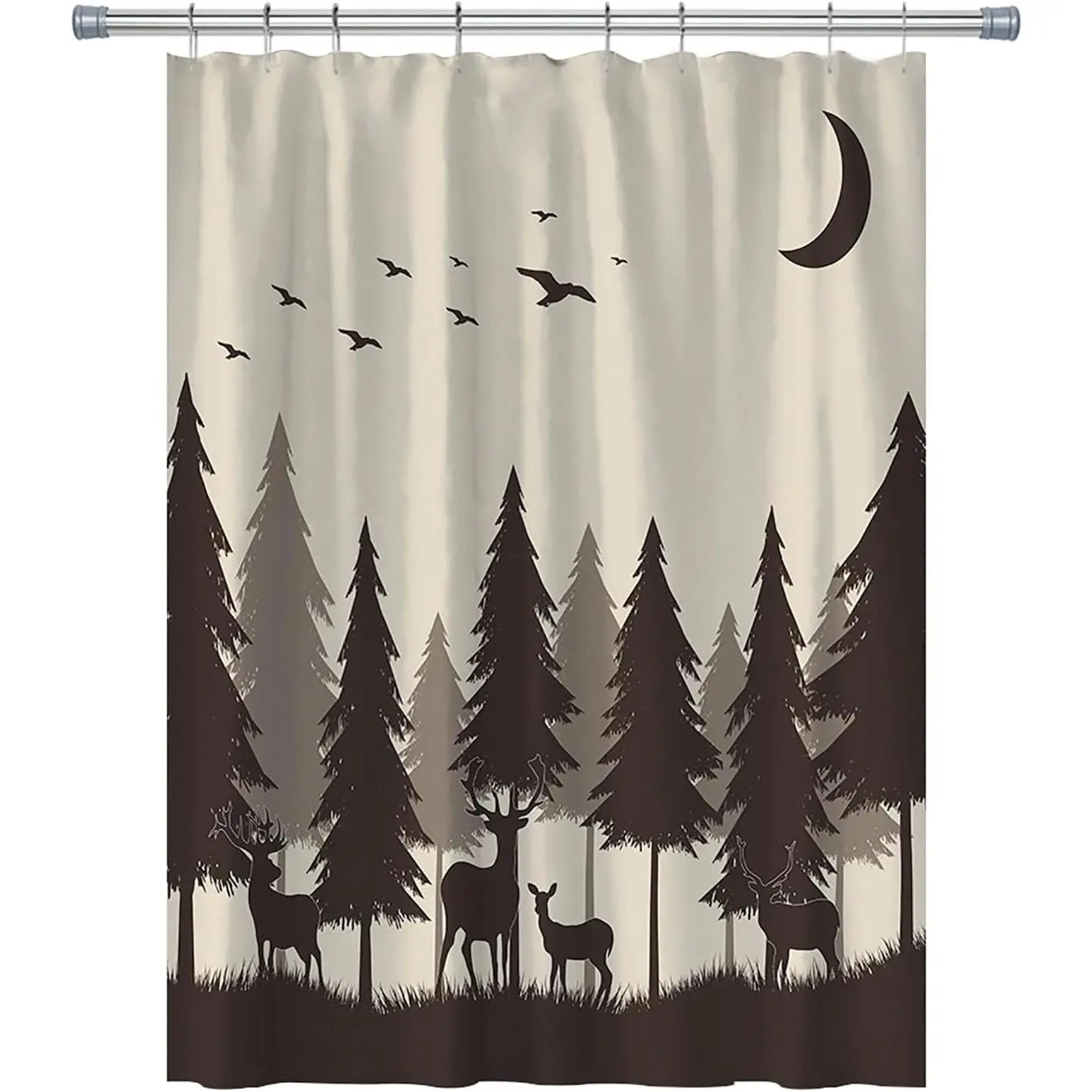 RV Shower Curtains Forest Mountain Happy Camper, Cloth Fabric RV Bathroom Decor Curtain Sets with Hooks 47WX64H Inches (Grey Black)