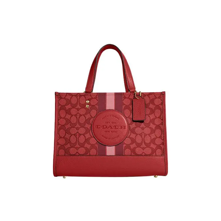 COACH Dempsey 29 Classic Monogram Snap-Clasp Crossbody Handbag for Women, Striped Jacquard and Pebbled Leather, Large, Red