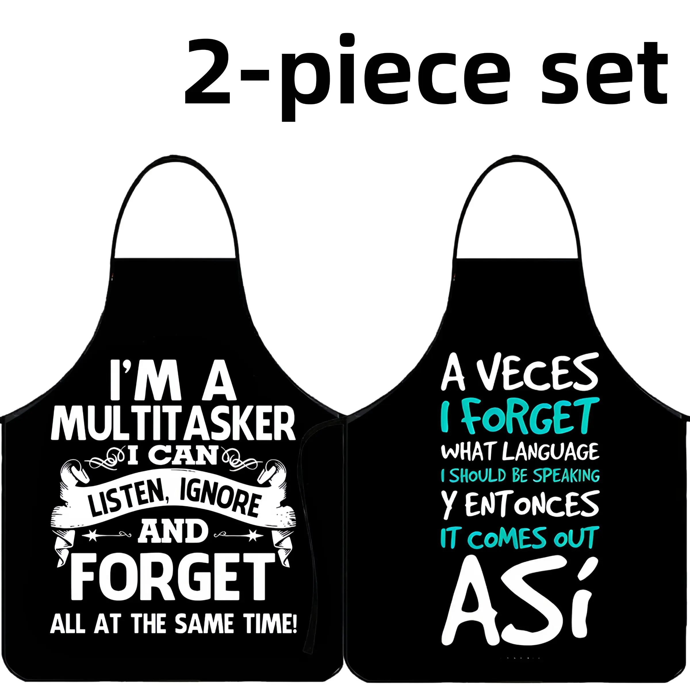 Multitasker & Forget Language Print Apron Set, 2 Counts ﻿Christmas Gift Polyester Cooking Apron,Halloween Gift,BBQ Apron,Gift for Wife&GF,Garden Tool,﻿Kitchen Essential,Cleaning Tool