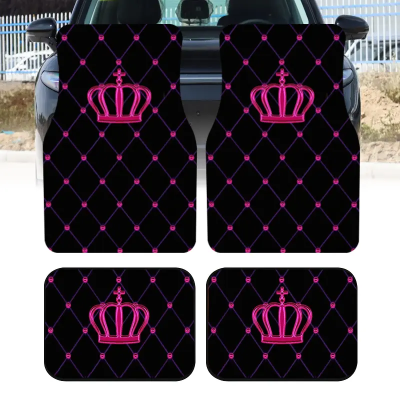 New Car Mats, 4pcs Pink Purple Crown Diamond Universal Car Floor Mats, Modern Style Car Interior Mats, Durable Polyester Fiber, Suitable for Various Sedan And SUV Models, Car Interior Decor Mats, Wear-Resistant And Non-Slip, Car Mats Set