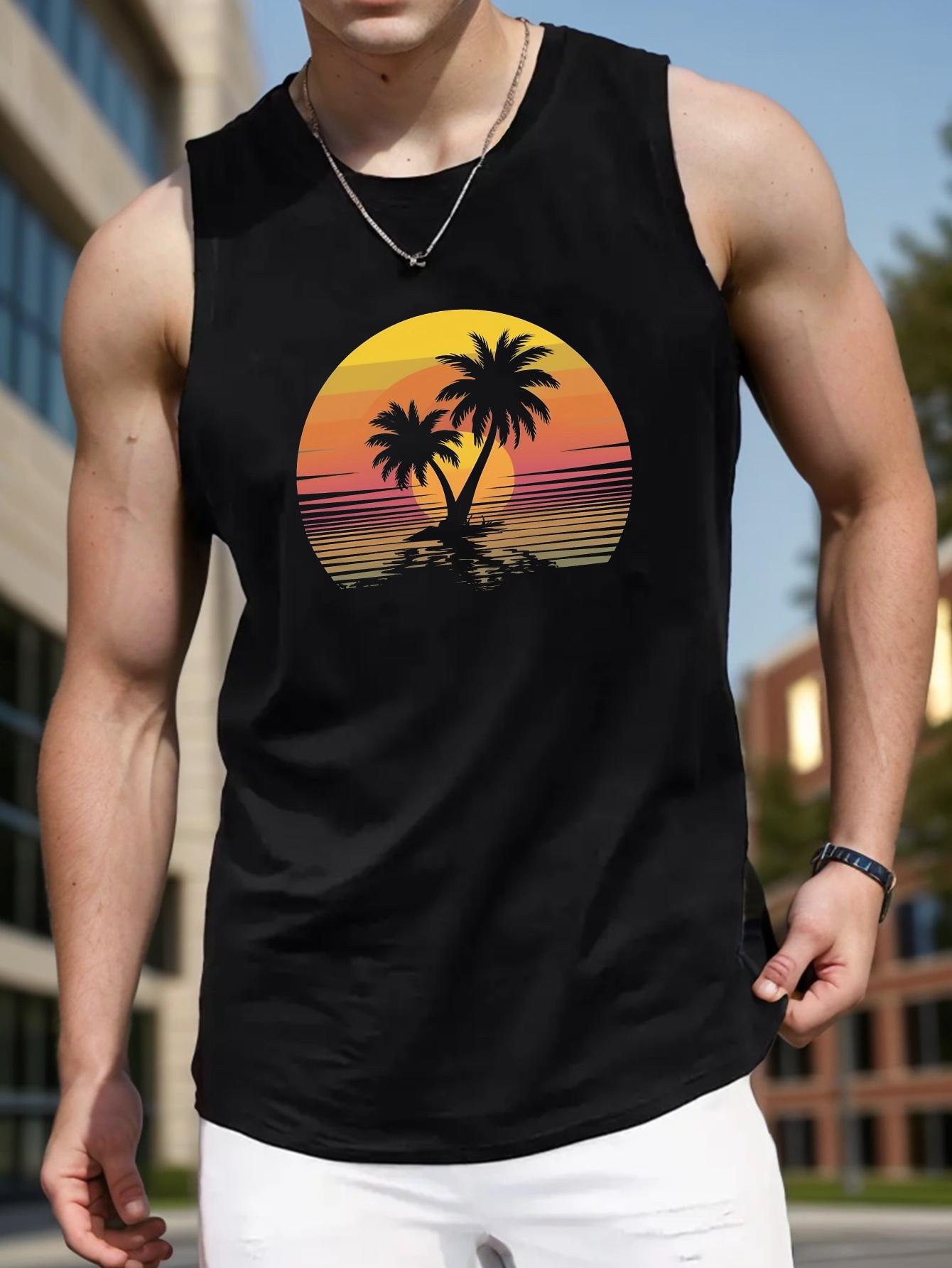 Men'S Sleeveless Vest, Tropical Palm Tree Sunset Design-Maroon Casual Summer Vest, round Neck, Machine Washable, Summer Vest