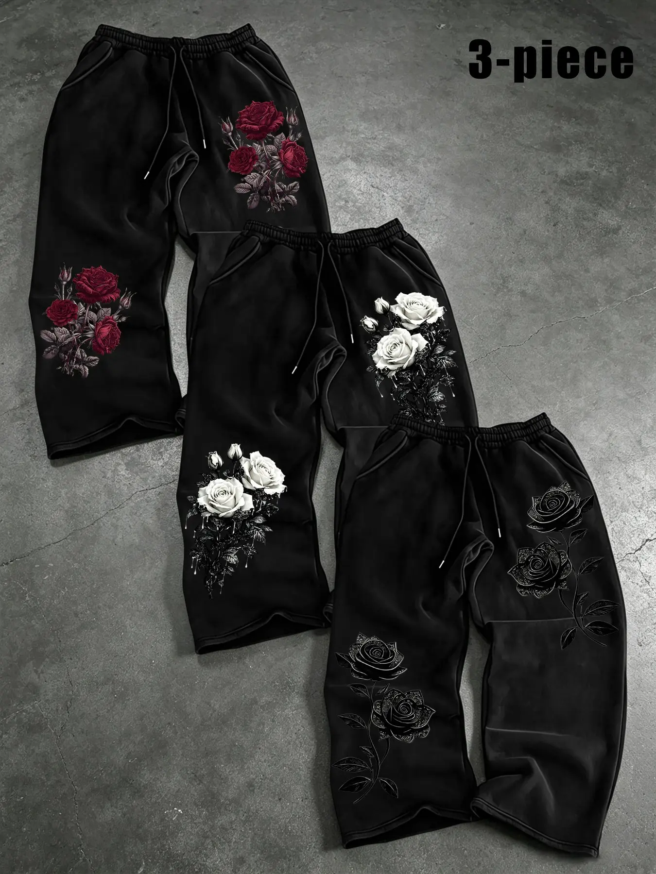 3-Pack Streetwear Loose Straight Leg Sports Pants, Drawstring Waist, Rose Print, Gothic Graphic Sweatpants, Gothic Style, Casual Daily Wear, High Body Inclusivity, Adjustable Drawstring Sweatpants