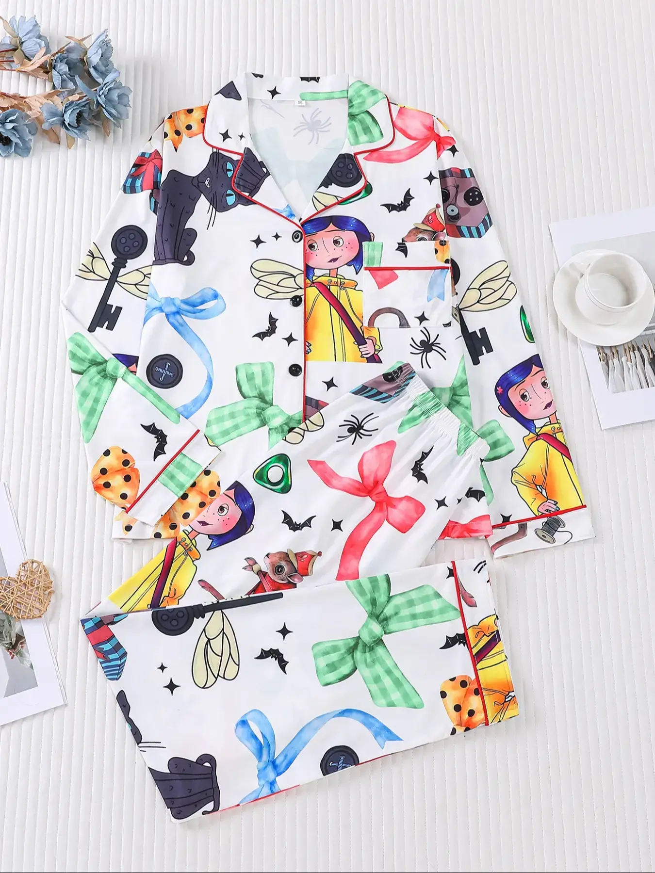 2 pieces of women's Halloween bow blue hair girl black cat mouse print long sleeved long pants knit pajama set Matching Sleepwear Nightwear Fitted Loungewear top pocket suitable for all seasons comfortable and casual home wear
