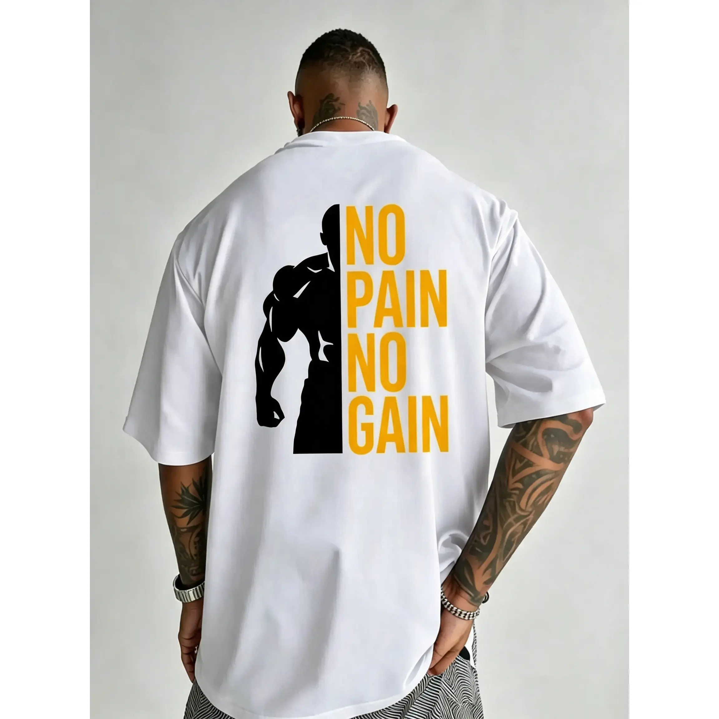 Men's Oversized Gym T Shirt, No Pain No Gain Graphic Workout Tee, Breathable Short Sleeve Bodybuilding Shirts, Casual Streetwear Athletic Tops for Training Fitness Running, Activewear T Shirt, Workout Clothes