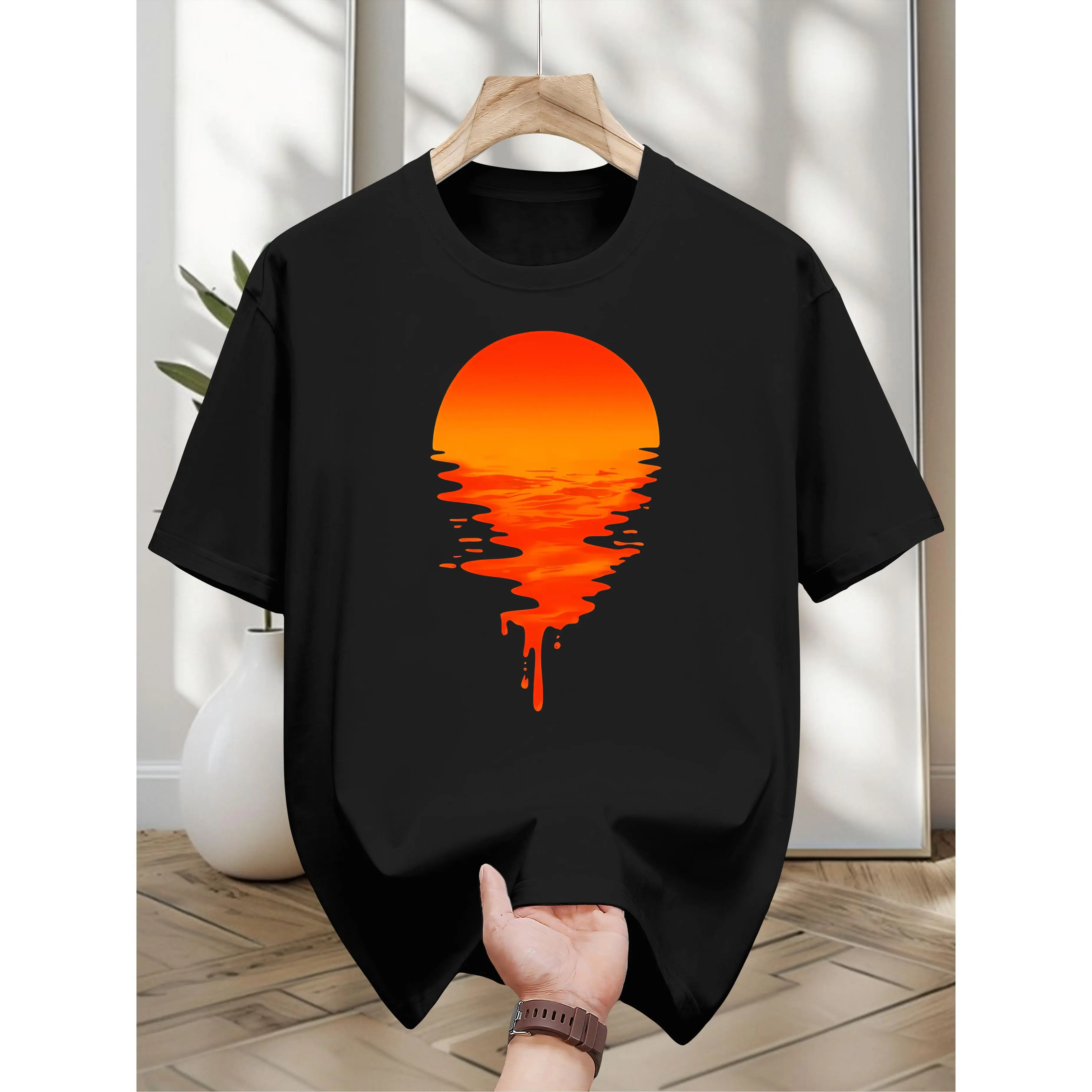 Men's Plus Size T-Shirt, Casual Sunset Print Short Sleeve Crew Neck Top in Breathable 100% Cotton Knit, Regular Fit