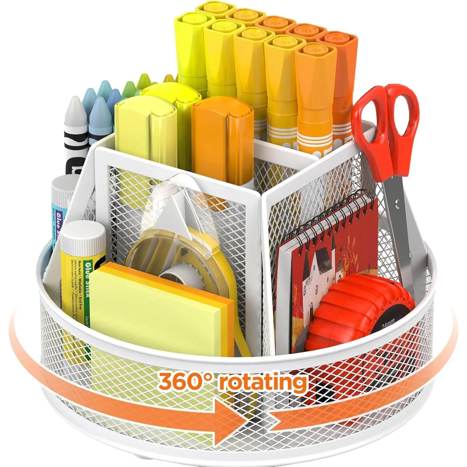White 360° Rotating Metal Mesh Pen Holder - Heavy-Duty 6-Compartment Desk Organizer with Adjustable Divider, Makeup Brush Holder, Space-Saving for Classroom, Industrial Studios, Manufacturer Warranty