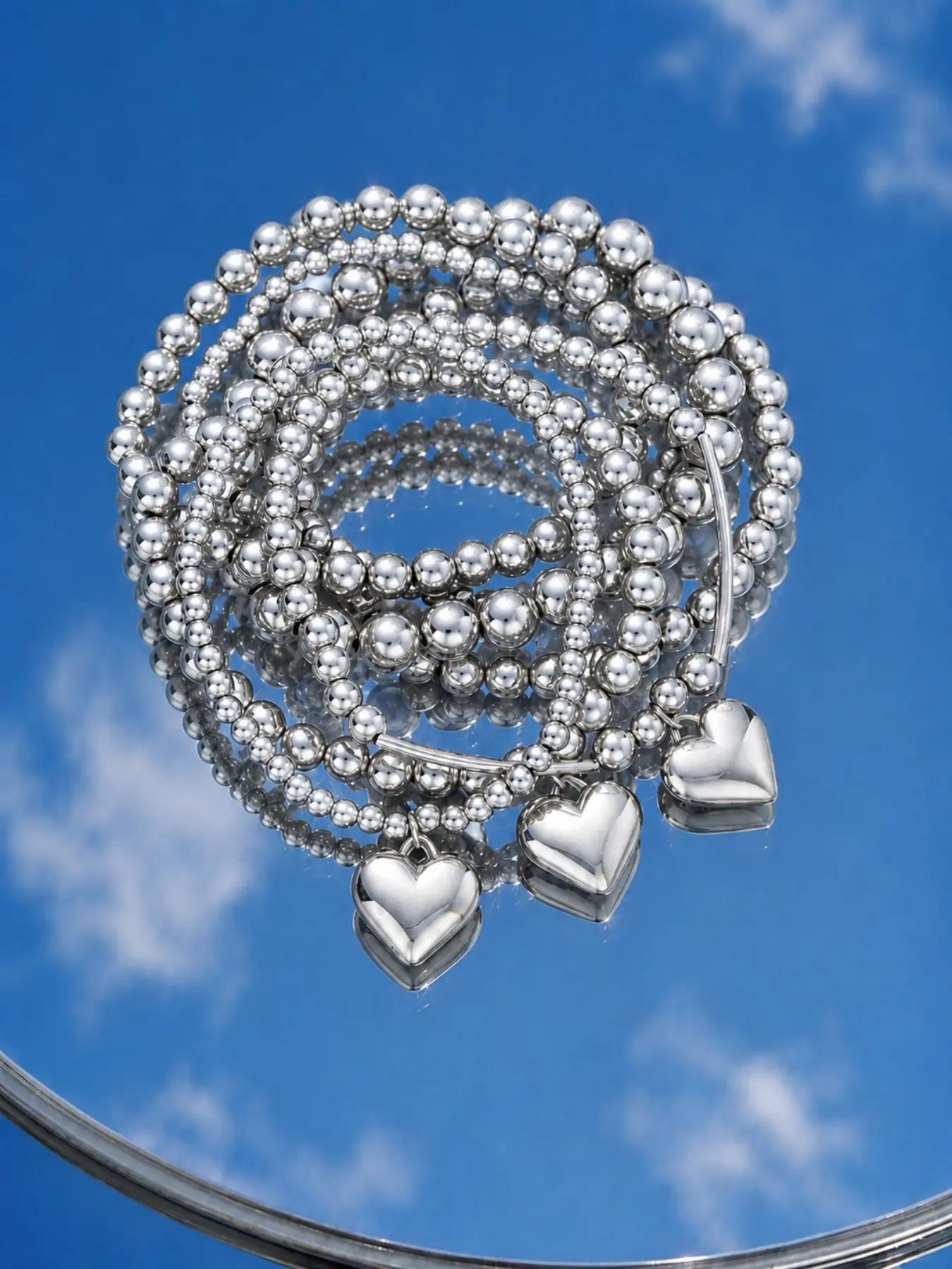 7 Pieces Silver Beaded Heart Stretchy Bracelet Set for Women, Stackable Stretch Bracelets, Y2K Coquette Beach Jewelry Gift Set