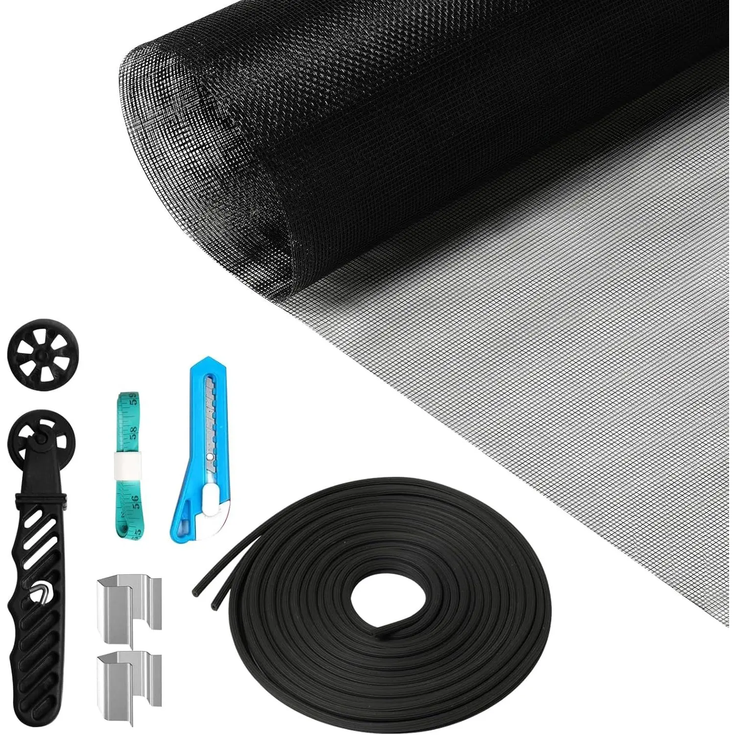 Window Screen Repair Kit, 48"x118" Screen Door Mesh  Kit, Durable Fiberglass Black Window Screen kit with Tools, Rolling, Hook, Spline, Clips for Windows Doors Patio and Porch