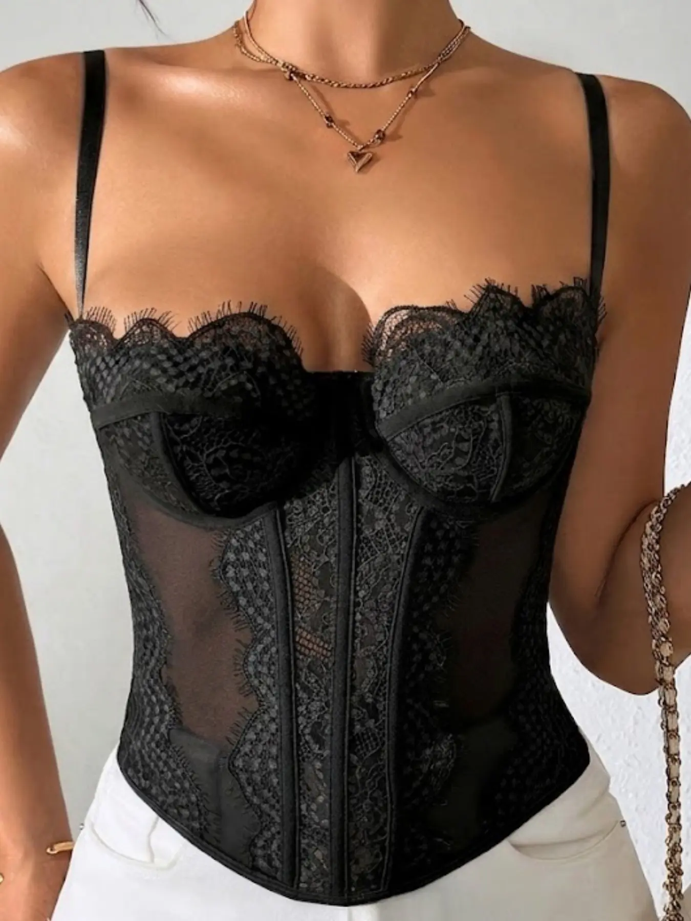 1 Count Women's Solid Color Flowers Lace Edging Sexy Tight Fitting Corset, Sheer Mesh Vest Top With Spaghetti Strap, Hourglass Curves Adjustable Hooks Shapewear Tops, Faja Shapewear, Waist Trainer, Suitable for Parties and Leisure