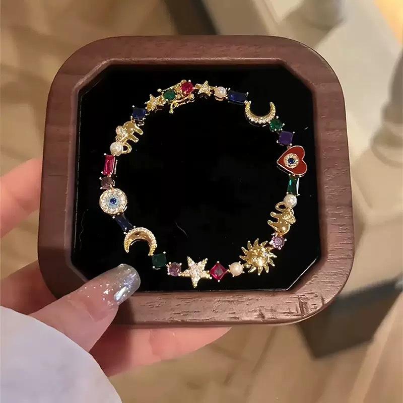 Gold-Plated Pendant Bracelet for Women Devil's Eye Lucky Elephant Moon Star Colorful Zircon Bohemian Style Jewelry Gift for Her 0.2g Lightweight Accessory