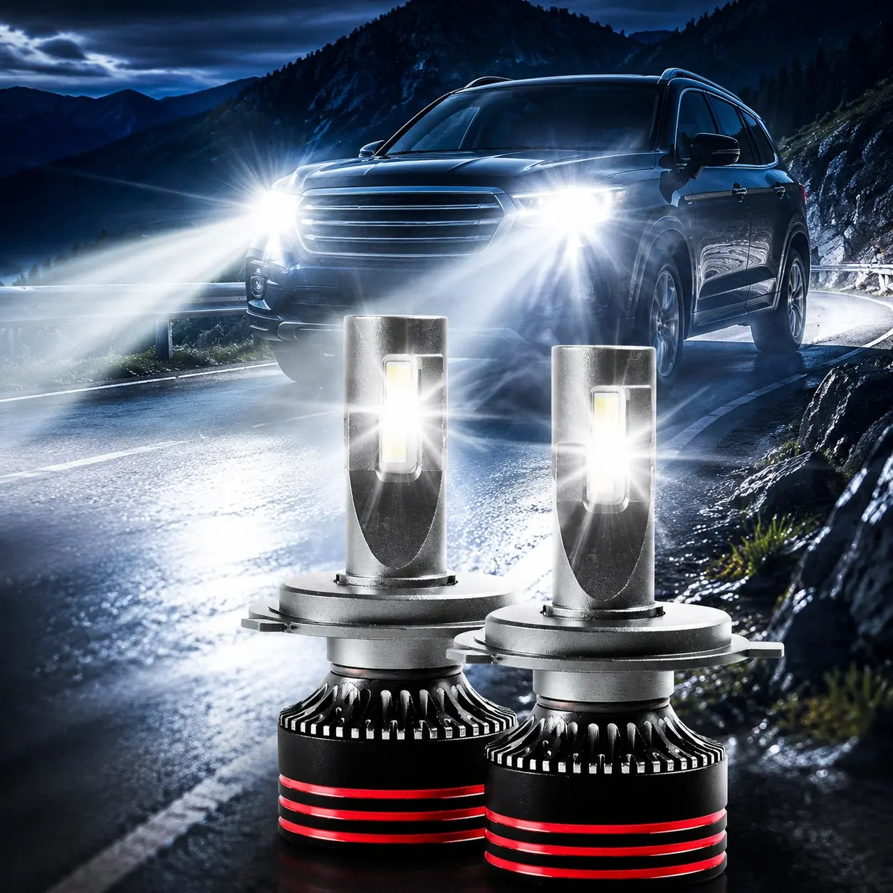 2-Pack Car LED Headlights, H4/9003/hb2 Interface, High-Power 120w, 12000lm, 6000k, Plug-And-Play, Canbus Decoder, Fits Cars and Motorcycles