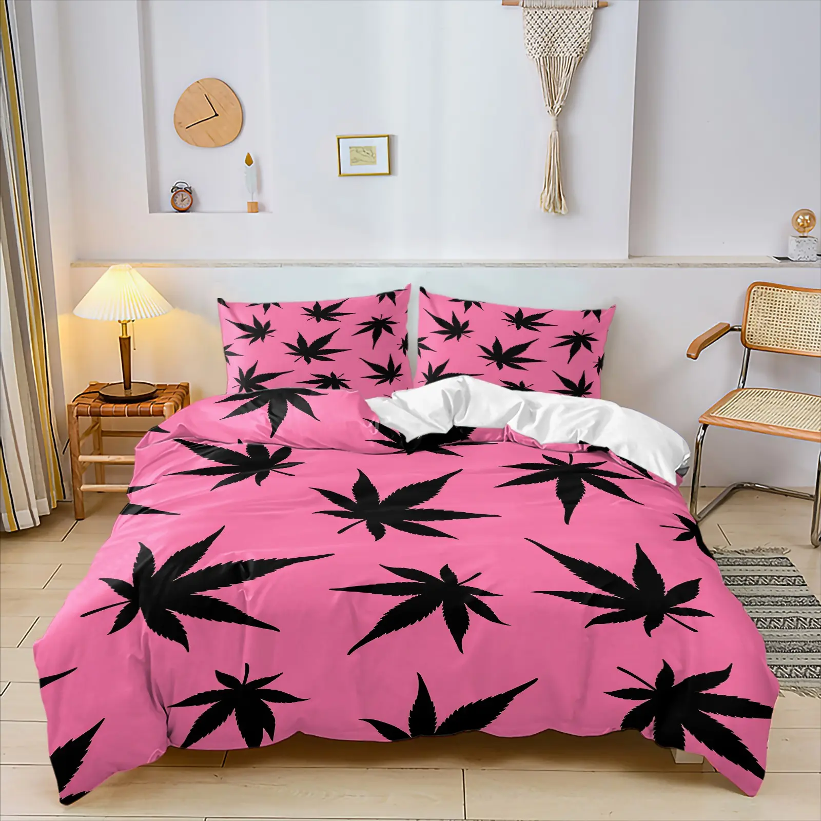 Barbie Pink Base Black Five-Lobed Broad Leaf Plant All Over Print Duvet Cover Set, Include 1 Comforter Cover and 1/2 Pillowcases, Simple Tropical Palmate Maple Leaf Repeat Print Sweet Cool Aesthetic Bedroom Quilt Cover, Washable All Season for Home Use