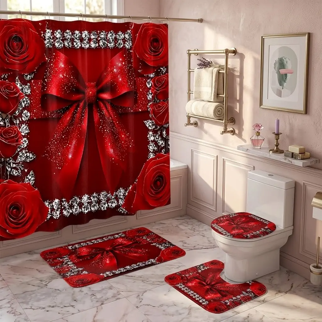 4pcs Luxury red bow rose crystal glitter shower curtain set, romantic sparkling diamond floral gift box style bathroom set, includes toilet seat cover and matching floor mat, with thicker and softer mat fabric! Elegant bathroom decor