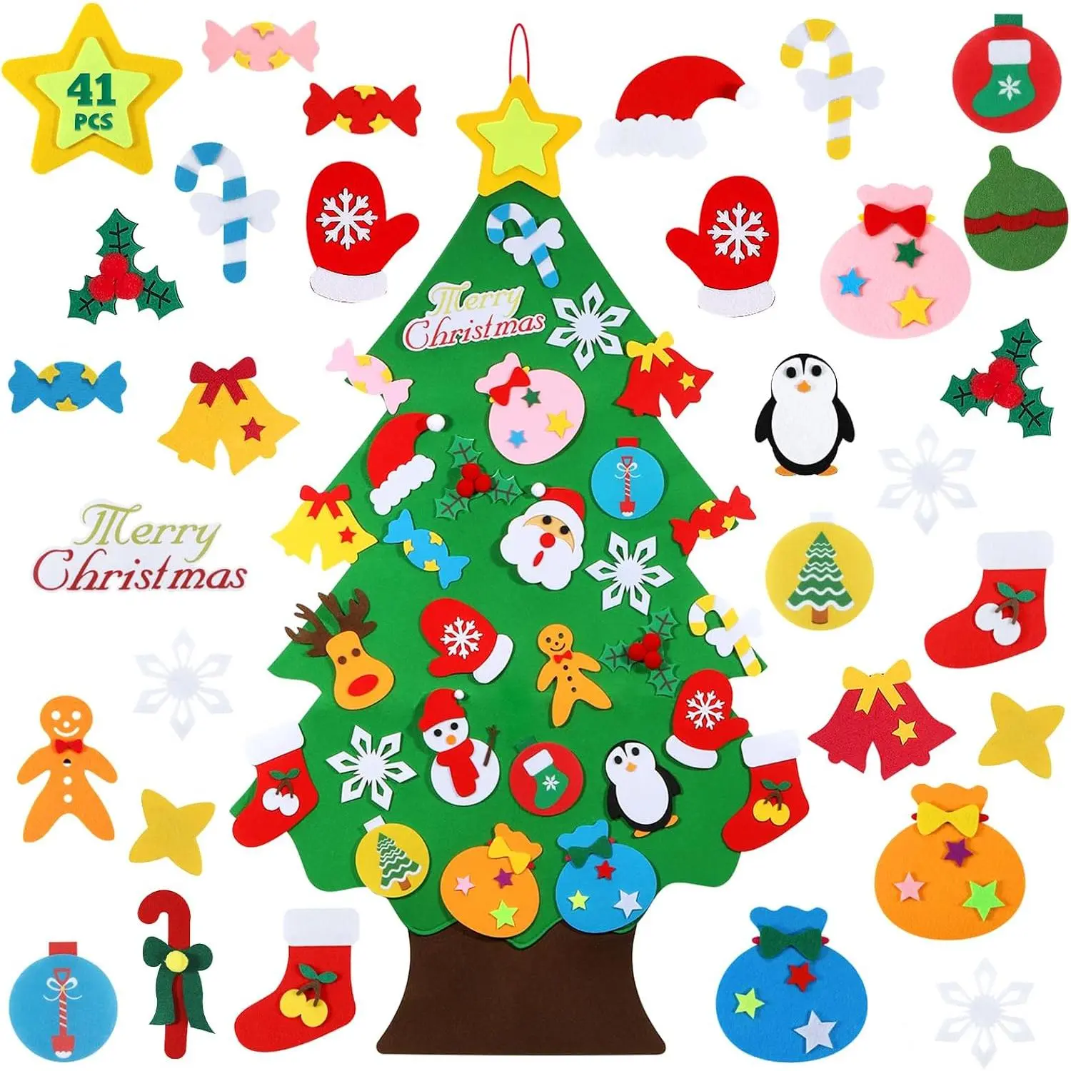DIY Felt Christmas Tree - 3.6 FT, 41 count Ornament Set,  Design,  Adhesive Pads, Green, Life-Size, Unisex, Christmas Theme, Art & Craft Kit for