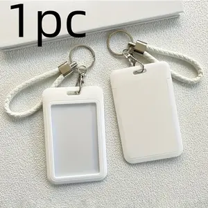 1PC Stylish Minimalist ID Card Holder with Adjustable Wrist Strap & Keychain, Durable Plastic Push-Pull Clip Photo Card Holder, Scratch Resistant Card Protector for Students, Women, Campus and Office