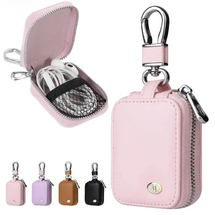 Durable Metal-Charging PU Leather Earbuds Case – Shockproof Protective Mini Zipper Keychain Pouch, Portable Clip-On Organizer for AirPods, Keys & Small Daily Essentials