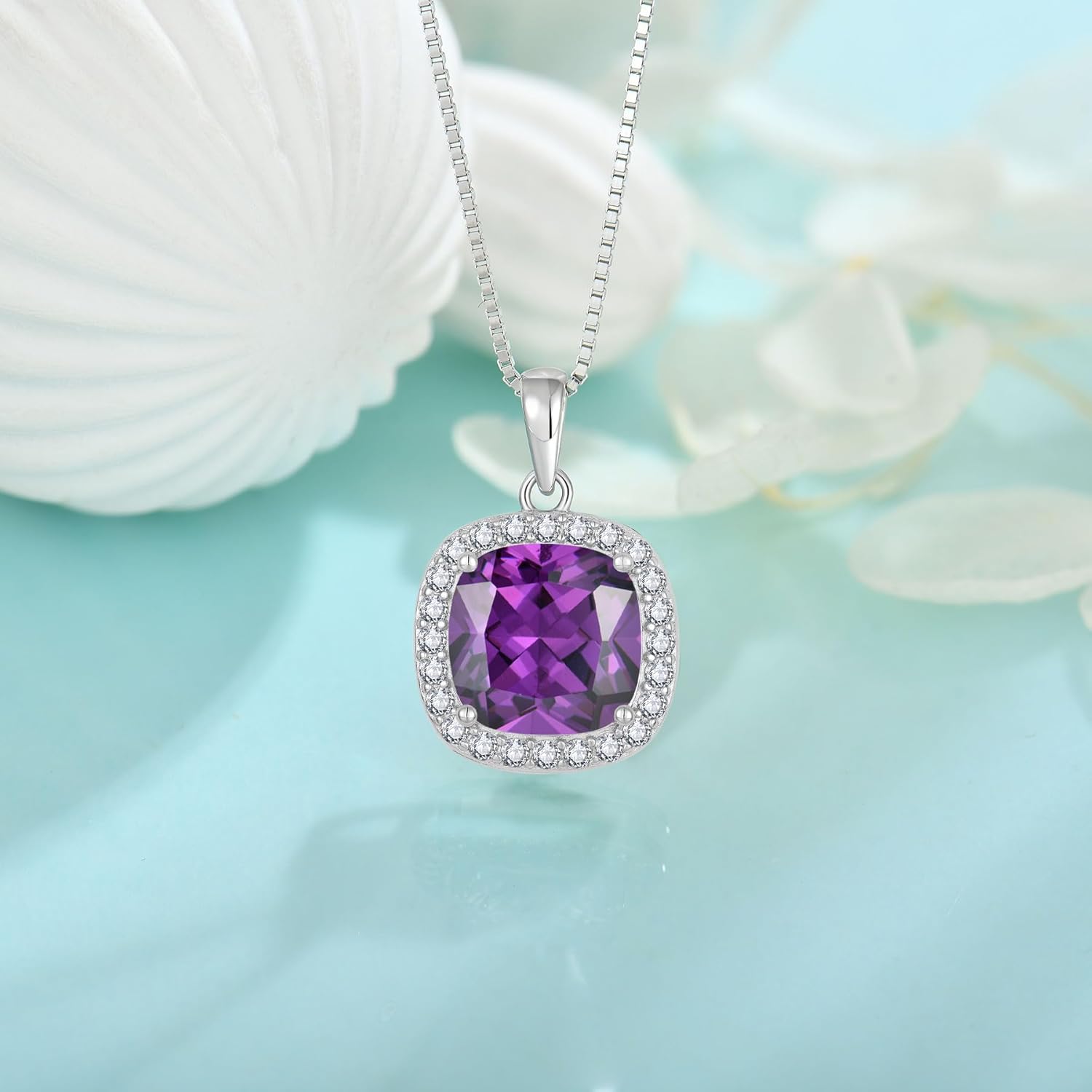 Birthstone Necklace for Women 925 Sterling Silver Princess Cut Halo Necklace Pendant Jewelry Gifts for Her