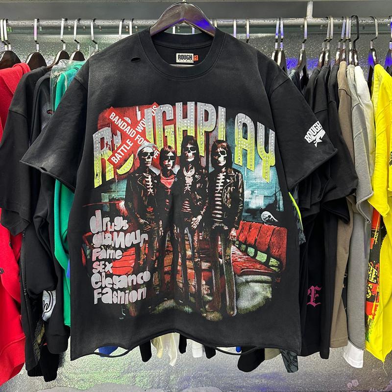 Vintage Washed Roughplay T-Shirt, Heavyweight White Ink Jesus Skull Print, Retro Rockabilly Bling Diamond Patchwork, American Hip Hop Unisex Streetwear Short Sleeve Cotton Tee