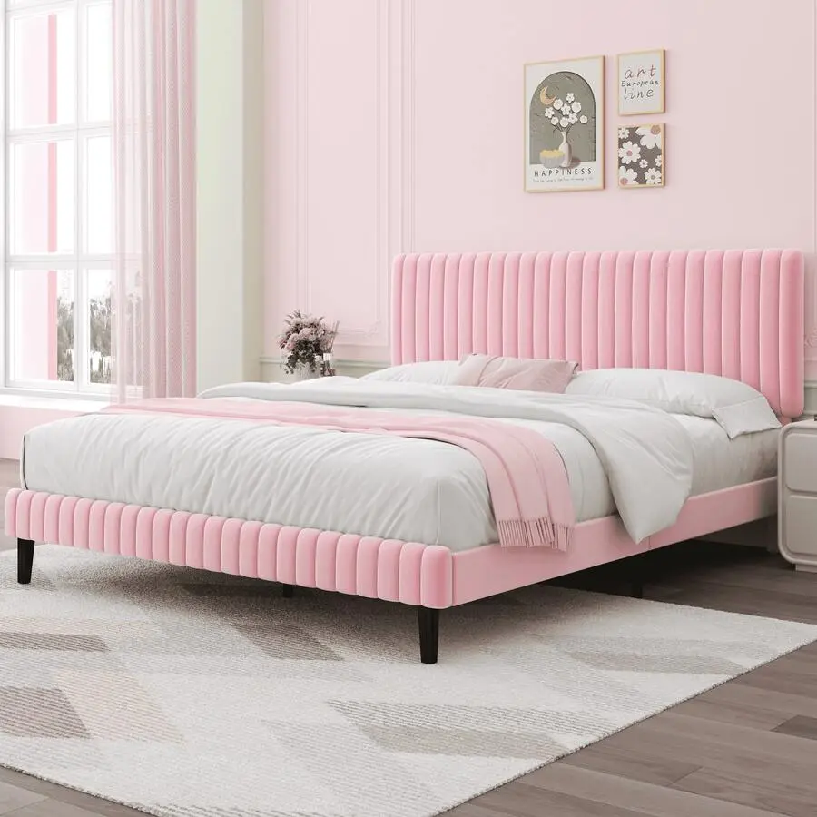 Upholstered Platform Bed Frame with Adjustable Velvet Headboard, Modern Horizontal Channel Design, Twin/Full/Queen/King Size, Multi‑Color‑Pink, Green, Black, Blue, White