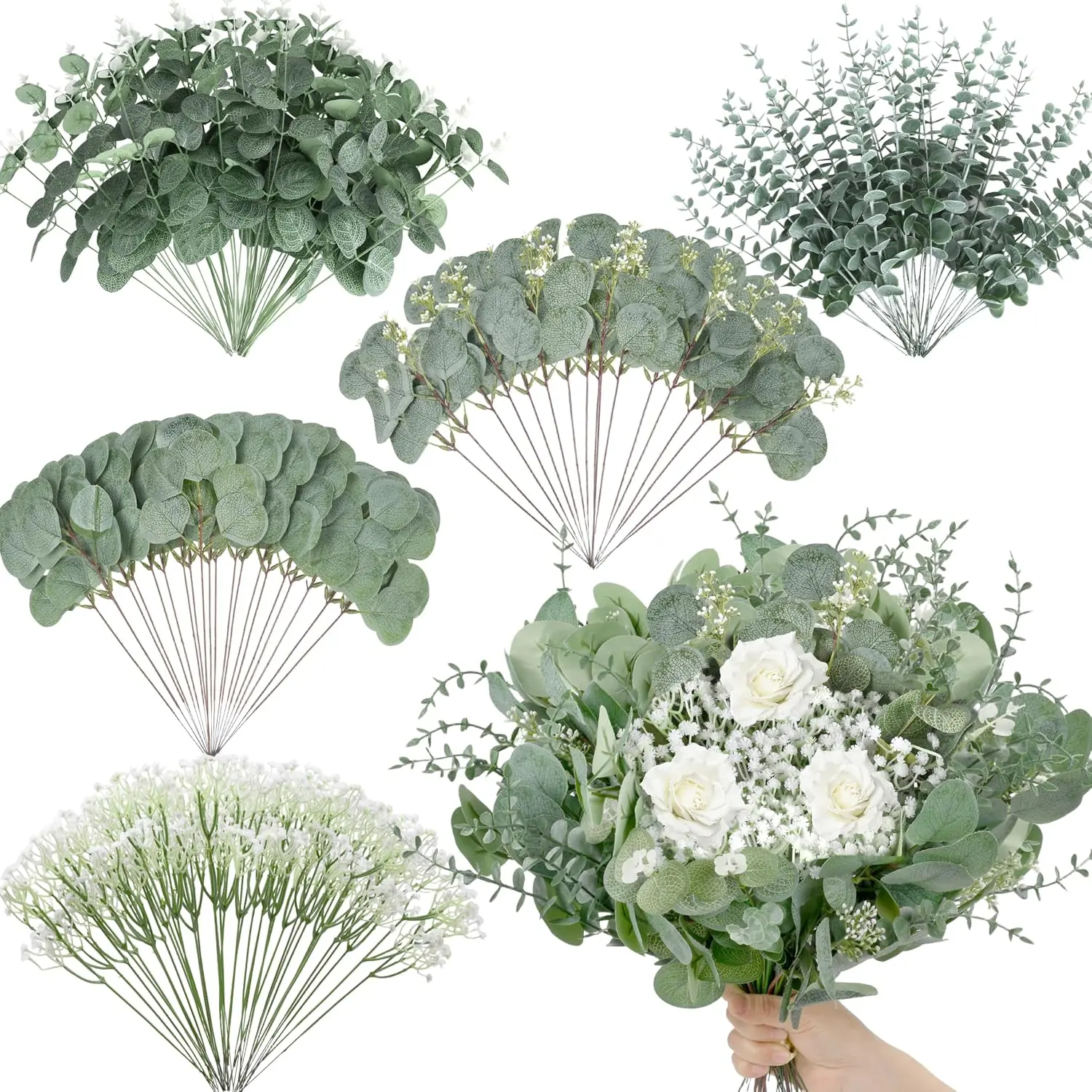 200 count 5 Kinds  Artificial Eucalyptus Leaves Stems Bulk  Breath Eucalyptus Bundle Faux  Greenery for DIY Bouquets Floral Arrangement Wedding Engagement Party Decor