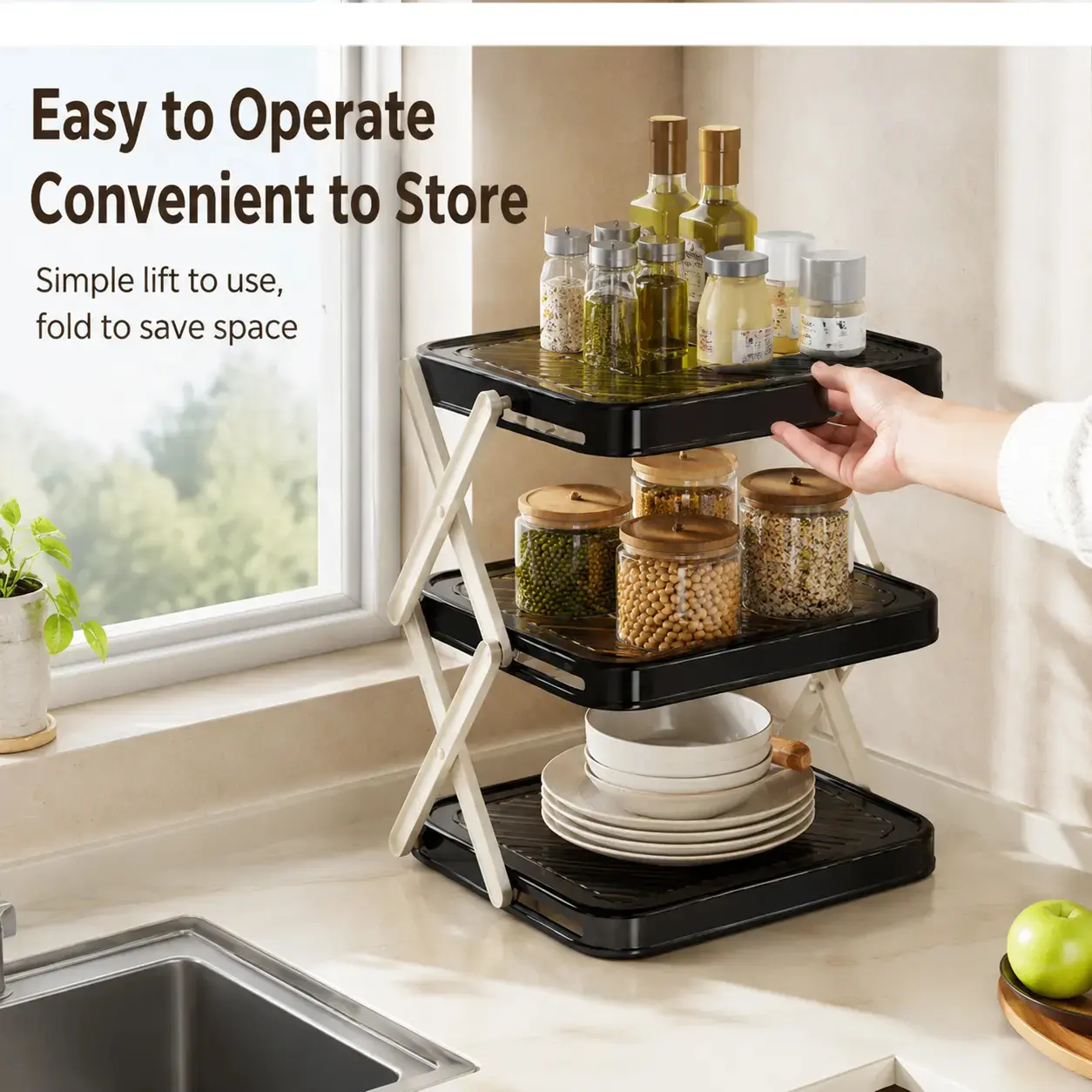 1 Count, Black 3-Tier Foldable Kitchen Countertop Shelf, Space Saving Organizer for Plates and Kitchen Prep Supplies