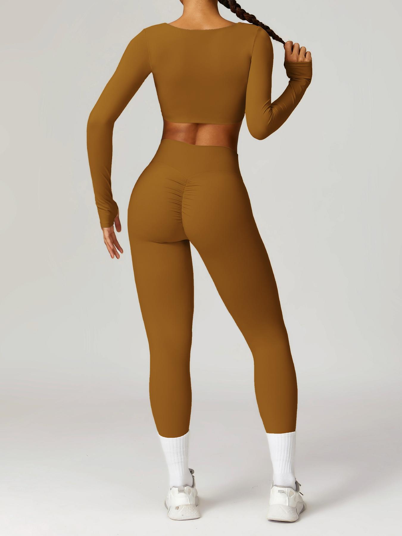 TIMEOFF Jinammonia fabric skin-friendly soft quick-drying breathable Women's Butterfly-shaped Pleated Low-cut Long-sleeved High-waist Hip-lifting Trousers Yoga suit Outdoor Running and Cycling Fashion suit Gym Sports Training All-match Long-sleeved Trouse