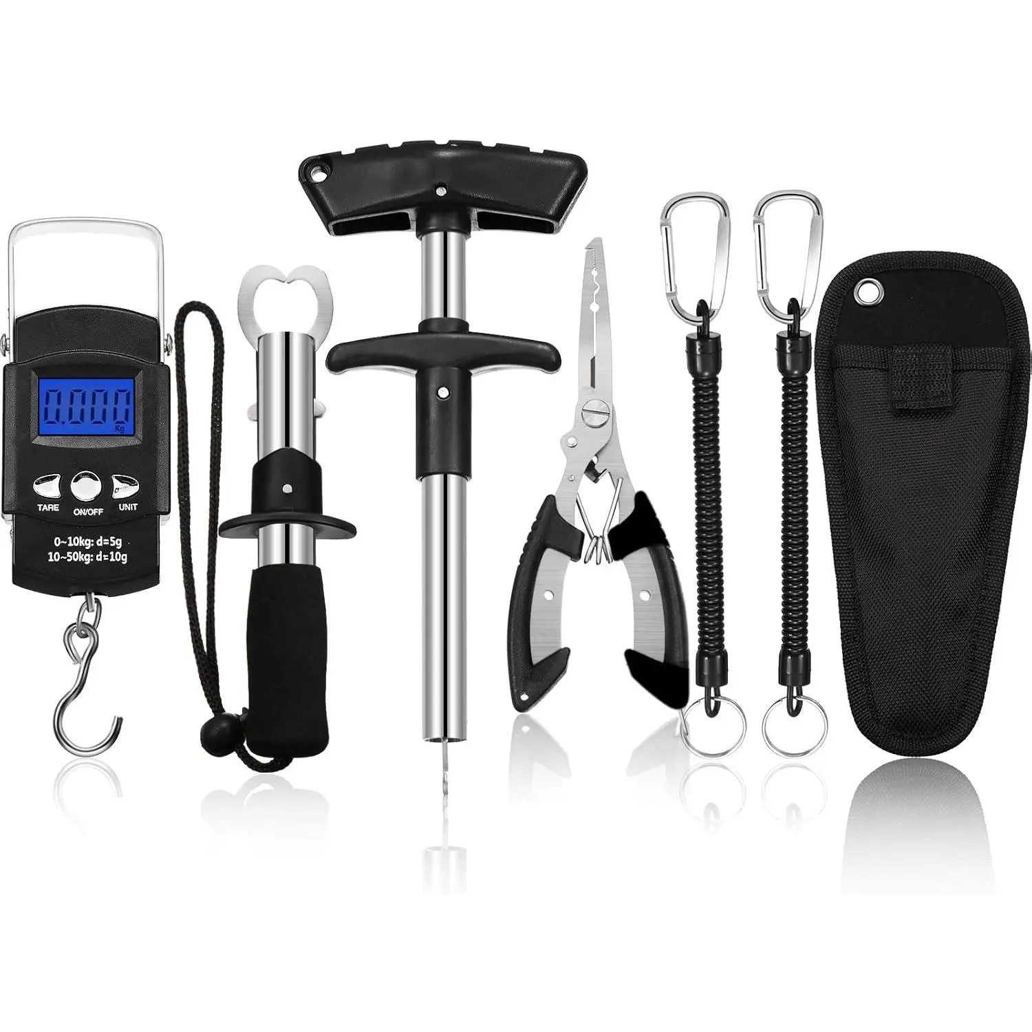 Fishs Hook Remover Tools Kit Include 1 Pcs Handheld Digital Fish Scale and Fishing Hook Remover Tool and Fish Lip Gripper and Fishing Plier with Sheath and 2 Pcs Fishs Tool Lanyards