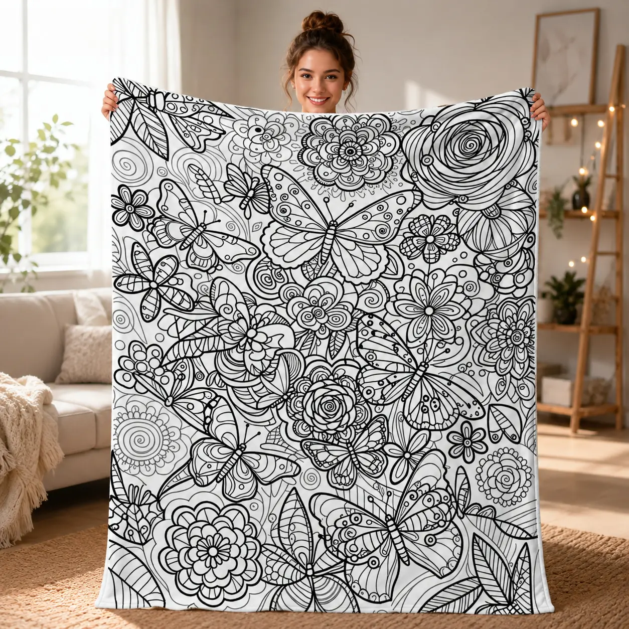 2D Flat, 1pc Creative Butterfly Floral Pattern Adult Stress Relief Coloring Blanket, Flannel Home Decor Blanket, Washable Sofa Cover, Versatile Warm Blanket for Bedroom And Living Room
