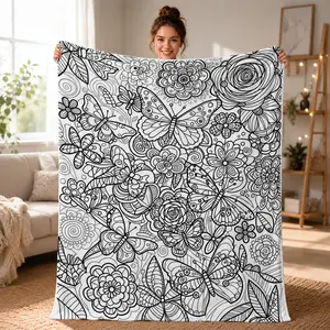 2D Flat, 1pc Creative Butterfly Floral Pattern Adult Stress Relief Coloring Blanket, Flannel Home Decor Blanket, Washable Sofa Cover, Versatile Warm Blanket for Bedroom And Living Room