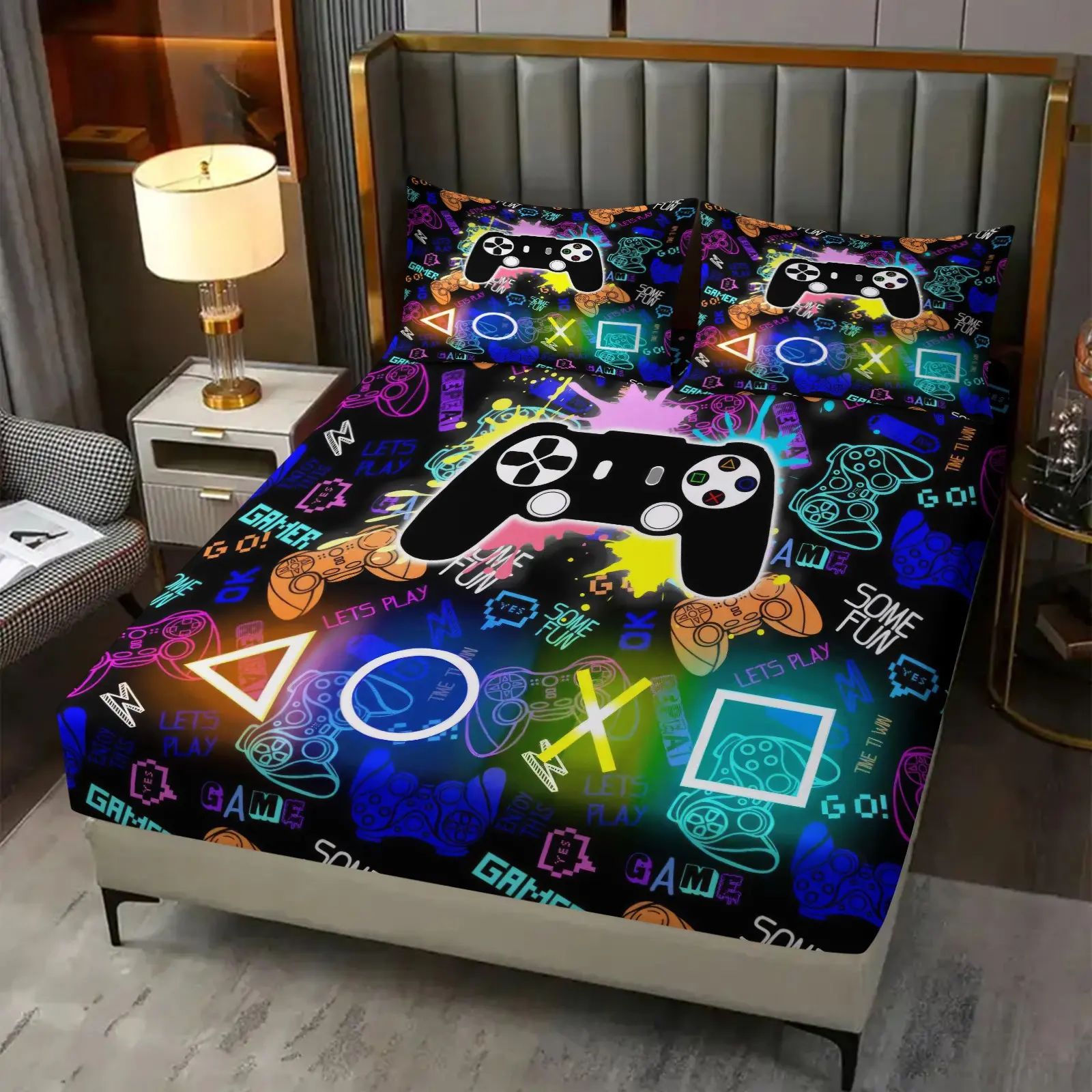 3-Piece Colorful Neon Graffiti Game Controller Fitted Sheet Set, 1 Fitted Sheet & 2 Coreless Pillowcases, Soft Wrinkle Resistant Microfiber Fabric With Machine Washable Deep Pocket Design, Cool Unique Gift For Teen Boy Gamers, Stylish Bedroom Decor
