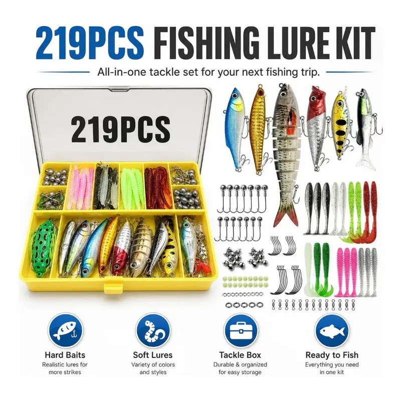 219pcs Fishing Lures Kit, Artificial Fishing Lure, Hard and Soft Baits, Tackle Box for Freshwater Fishing, Complete Set for Anglers, Durable and Versatile, Fishing Accessories