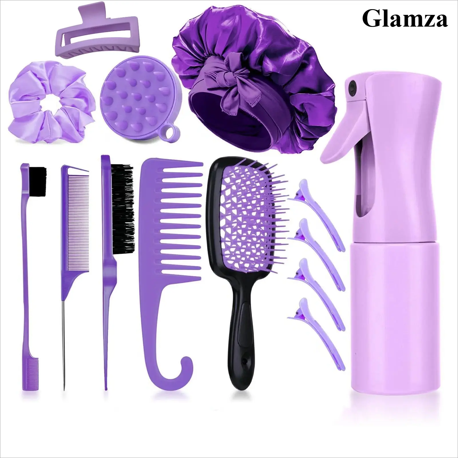 Purple 14PCS Hair Care Kit with Detangler Brush and Combs - Wet/Dry Use for All Hair Types (Straight, Curly) - Adults & Children Haircare Tool Set, Derived Naturally