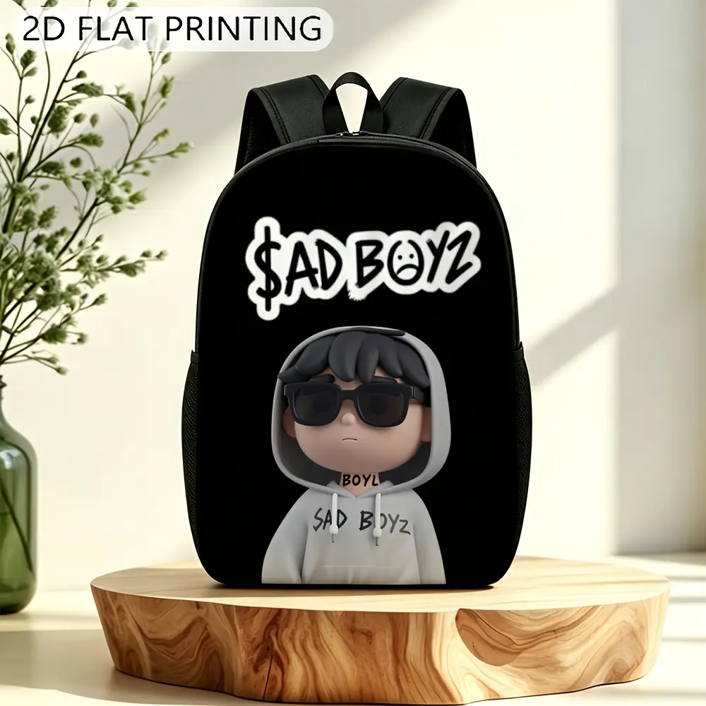 Unisex 1pc Large Capacity Polyester Printed Backpack with Sad Boyz Design - Reinforced Panel, Adjustable Shoulder Straps, Smooth Zippers, Lightweight - Streetwear Style, Suitable for Travel & Work, Handheld or Backpack Carry Option