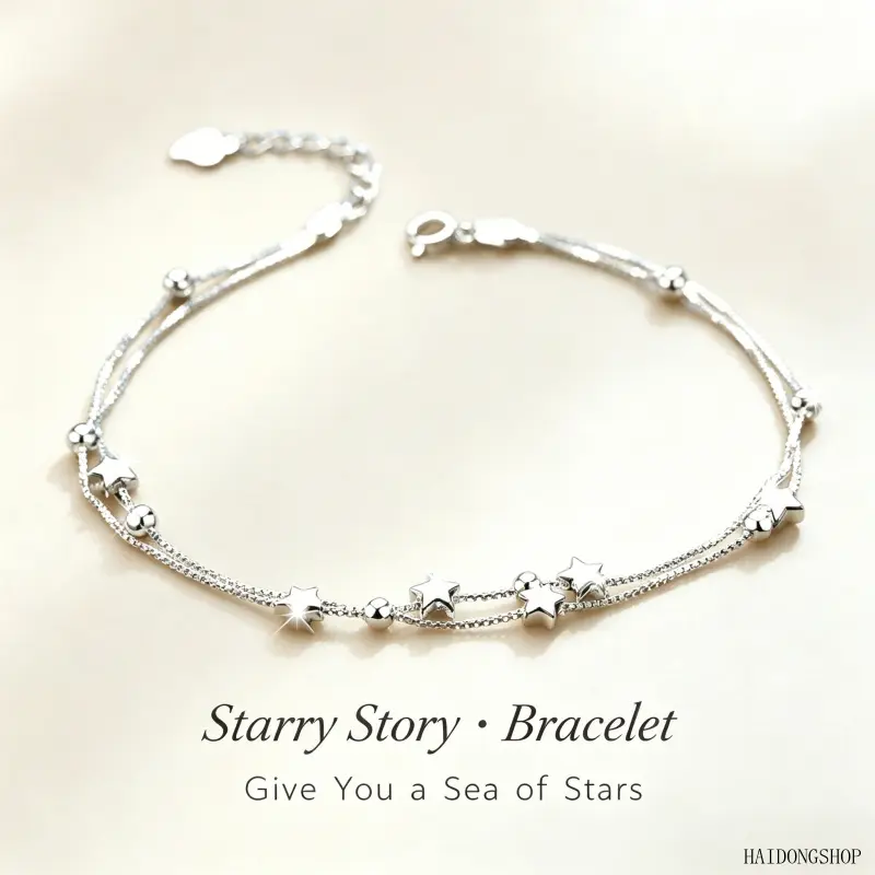 Female 925 Silver-Plated Double Layer Design Bracelet, Dual-Row Dainty Wrist Jewelry with Tiny 5-Pointed Star Charms, Minimal Fresh Sweet Accessory, Sentimental Gift for Bestie, Ideal for Daily Campus Casual Spring Summer Outfits, Bible Verse Bracelet