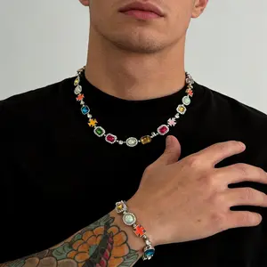 Hip Hop Multi Color Gem Cross Necklace Bracelet Set Y2K Streetwear Unisex Jewelry