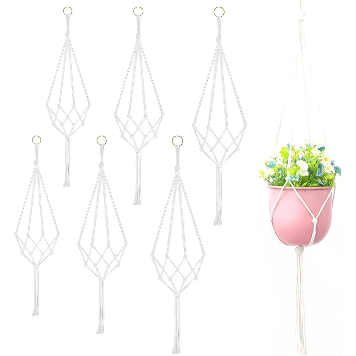 6 Pack Macrame  Planter Holder 3 Sizes Indoor  Planter Basket, Planter Basket Rope Holder Bohemian  Planter for  Bedroom Window  Decor