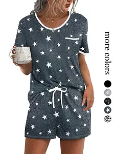 Basic 2 Piece Short Loungewear Set, Contrast Edge Crew Neck Top, Relax Fit Drawstring Shorts, Soft Fabric Pajama, Multi Occasion