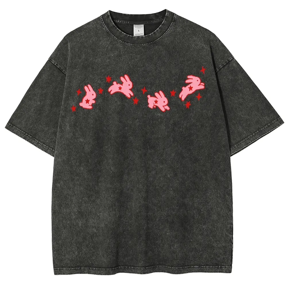 DTG Four Pink Running Bunnies Red Star Unisex Graphict Washed T-Shirt Personalized Pattern Y2k Clothing Round Neck Washed T-Shirt,Women's Clothing 100% Cotton, Menswear, Top, Vintage Style,Summer Casual Oversized,back to school,back to school shopping